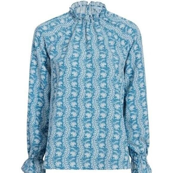 Hill House the Millie Top Blue Linear Floral Crepe/ Trailing Vine Blue S - Picture 1 of 7